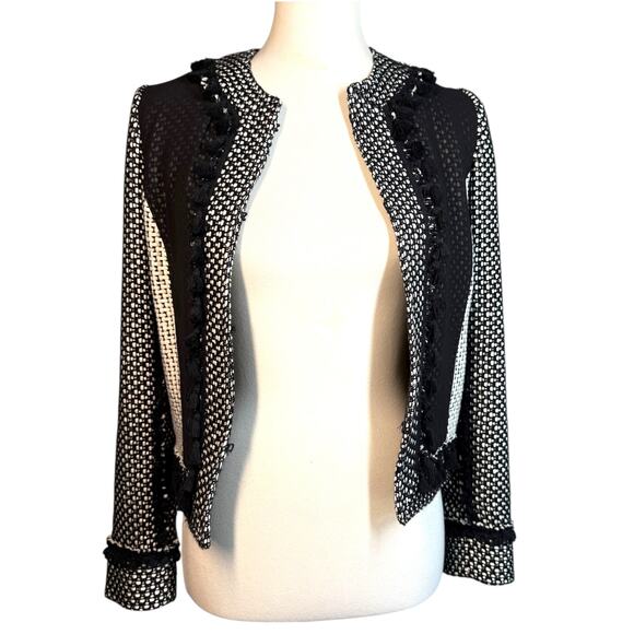 Derek Lam 10 Crosby Tassel-Trim Tweed Linen-Blend Jacket White/Black Size 4 - Picture 14 of 15